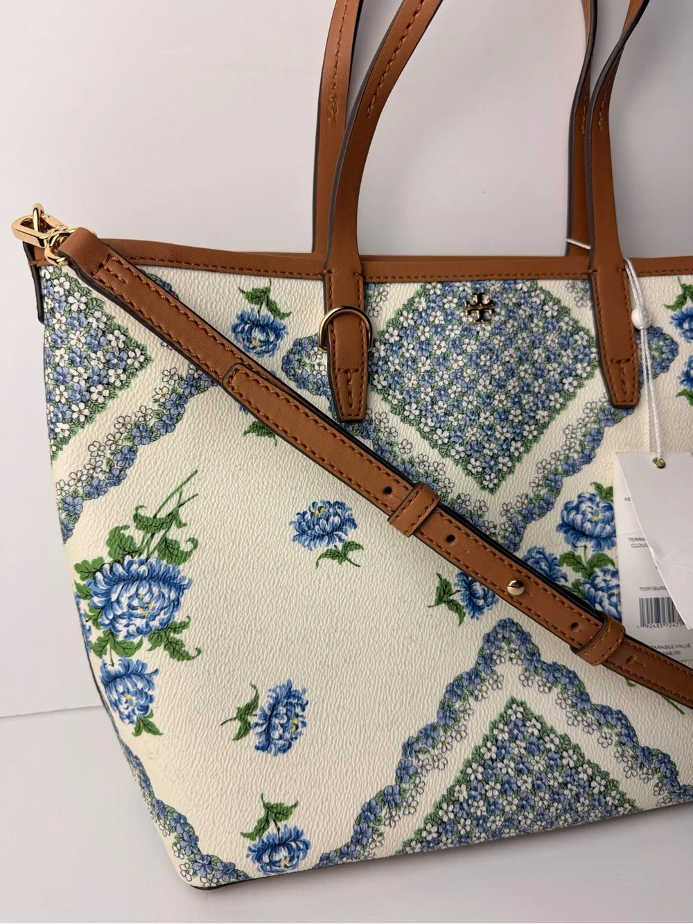 Tory Burch Kerrington Small Zip Tote Terrace Ditsy Floral Cloud Blue Brown